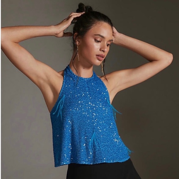 NEW RONNY KOBO BLUE SEQUIN EMBELLISHED HALTER TOP - Picture 8 of 8